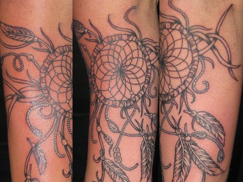 Wonderful Grey Ink Dreamcatcher Tattoo On Sleeve